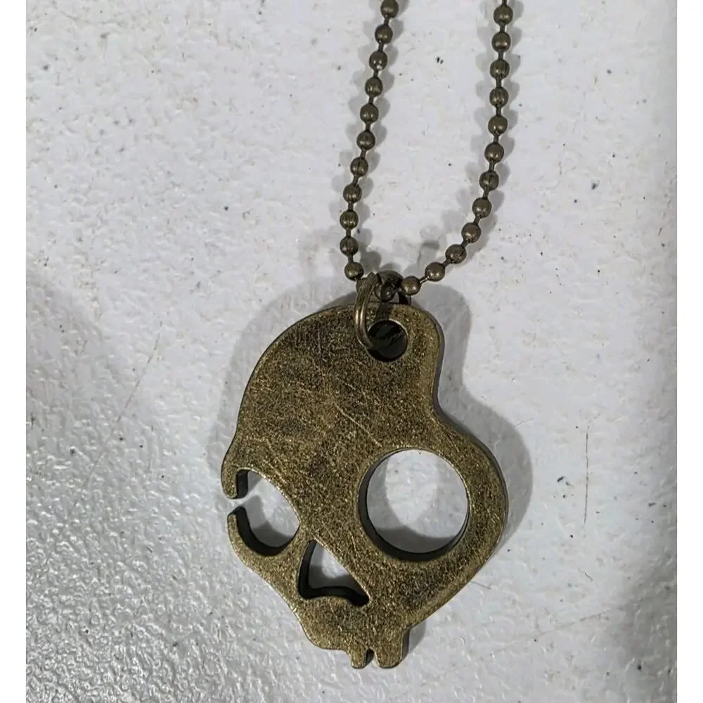 Vtg Skullcandy Skull Bronze Logo Tag Pendant Necklace Chain